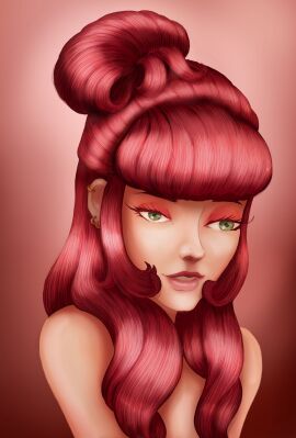 1girls bangs big_breasts breasts earrings female green_eyes hair_fetish hair_over_shoulder hair_over_shoulders hairmouser long_hair original original_character red_hair