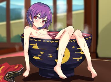 bad_id bad_pixiv_id barefoot blue_sky blurry blurry_background blush bowl breasts day feet female full_body hair_between_eyes head_tilt in_bowl in_container japanese_clothes kimono knees_up looking_at_viewer micro_female mini_person momendoufu nipples no_headwear nude partially_submerged purple_hair red_eyes red_kimono shadow short_hair sitting sky small_breasts solo steam sukuna_shinmyoumaru toes touhou unworn_clothes water wet