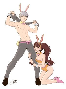 1boy 1girls admiring alternate_costume aroused aroused_female aroused_smile atlus bikini brown_hair bunny_boy bunny_ears bunny_girl bunny_tail bunnysuit choker female grey_hair heart-shaped_pupils hugging_legs kneeling kujikawa_rise male megami_tensei narukami_yu omniformblue persona persona_4 sega shirtless shirtless_male source_request submissive_female twintails
