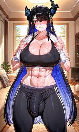 1futa ai_generated bulge exercise futa_only futanari gym_clothes hololive hololive_english hololive_english_-advent- looking_at_viewer maos nerissa_ravencroft pants pants_bulge penis_bulge sports_bra sweat sweaty
