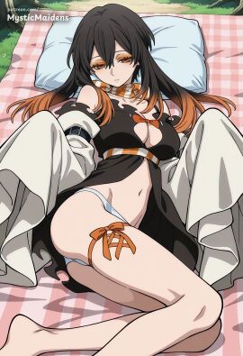 ai_generated amo_empool anime anime_style artist_name bare_shoulders barefoot black_dress black_hair blanket breasts brown_hair cleavage detached_sleeves dress fanbox_username female gachiakuta gradient_hair hair_between_eyes hentai hi_res large_breasts long_hair looking_at_viewer lying multicolored_hair mystic_maidens navel on_side orange_eyes orange_hair panties patreon patreon_username pillow sleeves_past_fingers sleeves_past_wrists solo thigh_strap underwear web_address white_panties