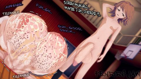 1boy 1girls 3d after_sex ass balls big_ass big_penis brown_eyes brown_hair cum cum_overflow cum_overflowing danganronpa danganronpa:_trigger_happy_havoc english_text female femboy femboy_on_female femsub fenrirsjaw freckles freckles_on_ass fujisaki_chihiro gym gymnasium koikatsu male mukuro_ikusaba penis size_difference text tomboy trembling venus_body voluptuous