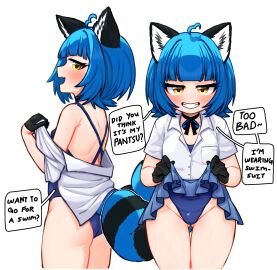 black_gloves blue_hair blue_swimsuit blush blushing_at_viewer blushing_female endless_(idol_corp) female fluffy fluffy_tail hi_res high_resolution idol-en idol_corp neck_ribbon poko_rakun racoon racoon_ears racoon_girl racoon_tail ryoru97 ryoshi_(artist) school_uniform skirt_lift skirt_up sleek_back slim_body slim_female smiling smiling_at_viewer swimsuit text text_box text_bubble thighs undressing undressing_self uniform upscaled virtual_youtuber vtuber yellow_eyes