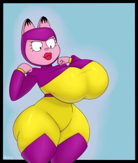 absurd_res anthro arlene_(garfield) big_breasts breasts clothed clothing confident costume domestic_cat eyelashes felid feline felis female fur garfield's_pet_force garfield_(series) hi_res huge_breasts lips lipstick makeup mammal obsuniq pink_body pink_fur red_lips red_lipstick simple_background smile solo thick_lips thick_thighs wide_hips