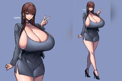 1girls breasts brown_hair earrings female high_heels huge_breasts large_breasts looking_at_viewer original peace_sign wolffeld_price yuzuha_(wolffeld_price)