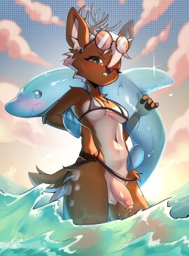 ambiguous_gender animate_inanimate anthro ass balls belly big_breasts bikini bikini_bottom bikini_top blonde_hair blush bodily_fluids breasts brown_body clothing cloud deer dickgirl digital_media_(artwork) duo ethel_(etheldeer) eyewear feral fur futanari gender_transformation genitals green_eyes hair hi_res horn inflatable inflatable_toy intersex janiskisa lagomorph leporid living_inflatable mammal navel open_mouth penis pool_toy sea short_hair spots sunglasses swimwear tail topwear trans_woman transfem transformation two-piece_swimsuit water wave white_hair