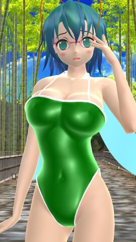 1girls 2024 3d antennae_(anatomy) bamboo_forest female firefly glasses green_swimsuit grown_up hati_yukkuri_mmd imperishable_night insect_wings insects light-skinned_female light_skin looking_at_viewer mmd sky solo_female solo_focus swimsuit teal_hair touhou wriggle_nightbug youkai