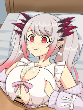 1boy 1boy1girl 1girls big_breasts blush blushing breasts cum cum_in_breasts cum_on_face ejaculation ejaculation_between_breasts female grey_hair jacket male necklace on_back on_bed paizuri pointy_ears red_eyes semen smile suou_patra titfuck titfuck_under_clothes twintails virtual_youtuber vtuber zenostriker