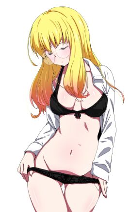 black_bra black_panties blazblue blonde_hair breasts closed_eyes clothes_pull female glasses hi_res highres kaname_nagi medium_breasts navel open_clothes open_shirt panty_pull pulling_own_clothes solo trinity_glassfield underwear