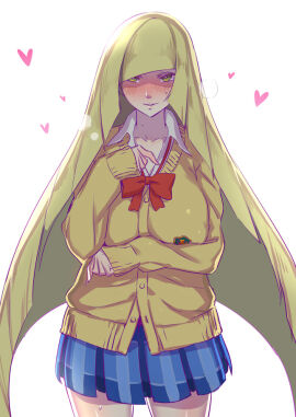 1girls aether_foundation aged_down apple_green_hair bangs big_breasts blonde_hair blue_clothing blue_skin blue_skirt blush blush_lines blushing_at_viewer bow bowtie breasts breath_cloud cardigan caucasian caucasian_female checkered checkered_skirt clothing female floating_heart floating_hearts fringe front_view fully_clothed game_freak green_eyes green_hair hair hair_covering_eye hair_covering_one_eye hands_on_breasts hands_under_breasts heart-shaped_pupils hearts hearts_around_head iku_(ikuchan_kaoru) inner_hair large_breasts legs light-skinned_female light_skin long_hair long_neck long_sleeves looking_at_viewer loose_clothes lusamine_(pokemon) matching_hair/eyes milf miniskirt neck nervous perky_nipples plaid_skirt pleated_skirt pokemon pokemon_sm red_bowtie red_ribbon ribbon sagging_breasts school_uniform schoolgirl shiny_lips shirt shy skinny_legs skirt sleeves_past_wrists solo standing straight_hair sweat sweater sweating upper_body white_background white_shirt yellow_cardigan yellow_clothing