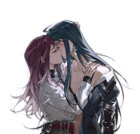 belt blush breasts chayou04722138 closed_eyes clothed clothes clothing earrings female half_dressed half_naked half_nude kissing larger_female path_to_nowhere rahu_(path_to_nowhere) scar scar_on_face shalom_(path_to_nowhere) shorter_female smaller_female strip stripping taller_female yuri