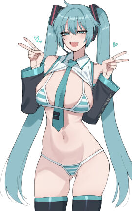 1girls bikini blush breasts collared_bikini female hatsune_miku hatsune_miku_(collared_bikini) looking_at_viewer medium_breasts mr.skull peace_sign ratatatat74 striped_bikini striped_panties twintails vocaloid