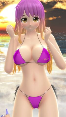 1girls 2023 3d arms_up beach belly_button bikini breasts cleavage clouds colored_hair female hati_yukkuri_mmd high_heels hijiri_byakuren human kneeling light-skinned_female light_brown_eyes light_skin long-haired_female looking_at_viewer mmd outdoors purple_bikini sky solo_female solo_focus sunset swimsuit touhou undefined_fantastic_object waist water