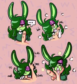 blowjob breasts bunny_ears bunny_girl english_text female glastonbury_(paleng) green_hair green_skin licking licking_penis male original paleng penis penis_in_mouth rabbit rabbit_girl text tongue