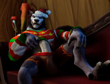 absurd_res anthro blizzard_entertainment bulge canid canine canis foreskin fur genitals green_eyes grey_body grey_fur hi_res humanoid_genitalia humanoid_penis inside male mammal nuber nude penis solo warcraft werecanid werecreature wolf worgen