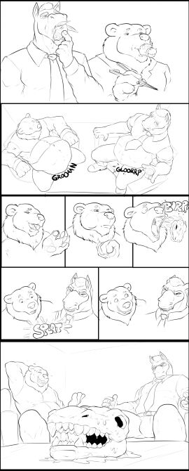 absurd_res after_vore alligator alligatorid almost_fully_inside anthro bear belly black_and_white bone boss_hoss_(pandottermon) burping burping_up_bones burping_up_skull business_attire business_suit businessman businesswear chair chopsticks clothed clothed_pred clothing comic crocodilian death dialogue_in_description digestion duo embarrassed equid equine fatal_vore feet_first frown fur furniture glorp groan groaning groaning_belly group hand_behind_head hi_res horse inside kangaroo larger_pred macropod male male/male mammal marsupial monochrome necktie on_chair onomatopoeia oral_vore pandottermon professional_clothes reptile rumbling_stomach scalie scared sharp_teeth simple_background sitting sitting_on_chair size_difference skull smile sound_effects splat stomach_bulge struggling struggling_prey suit teeth text tied_muzzle unwilling_prey vore white_background willing_prey