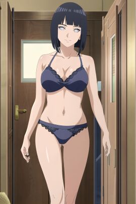 ai_generated big_breasts black_hair boruto:_naruto_next_generations bra bright_pupils byakugan dark_hair fit fit_female highres hourglass_figure hyuuga_hinata inside lace lace-trimmed_bra lace-trimmed_panties lingerie lingerie_only looking_at_viewer mature_female milf naruto naruto_(series) naruto_shippuden panties ragnarock_ai short_hair smiling_at_viewer walking walking_towards_viewer