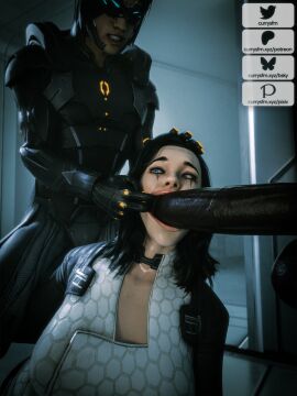 1girls 2boys 3d big_penis bioware blowjob blowjob_face currysfm dark-skinned_male dark_skin fellatio female glory_hole huge_cock indoors interracial kai_leng large_penis light-skinned_female light-skinned_male light_skin male mass_effect miranda_lawson oral oral_sex penis sucking sucking_penis