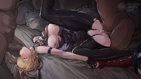 2boys 2girls artist_logo astra_yao black_gloves black_hair black_pants blonde_hair braid braided_bun breasts censored clothed_female_nude_male cum cum_in_mouth cum_in_pussy cum_overflow dark-skinned_male dark_skin english_commentary evelyn_chevalier fellatio female frozenspiderlily gloves hair_bun half_gloves high-waist_pants holding_hands interracial large_breasts logo male mosaic_censoring multiple_boys multiple_females multiple_girls multiple_males necktie nipples nude on_bed oral paid_reward_available pants penis purple_eyes pussy ring_hair_ornament sex spitroast straight torn_clothes torn_pants vaginal_penetration yellow_necktie zenless_zone_zero