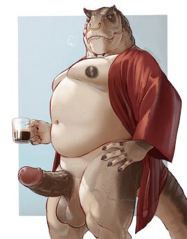 alternate_version_at_source anthro areola balls banana_da_boi bathrobe beverage biped black_penis clothing coffee dinosaur erection facial_piercing foreskin genitals glans hi_res humanoid_genitalia humanoid_penis male male_only navel nipples nose_piercing nose_ring overweight overweight_male penis piercing prehistoric_species reptile ring_piercing robe saurischian scalie side_view solo solo_male standing tail teeth theropod uncircumcised