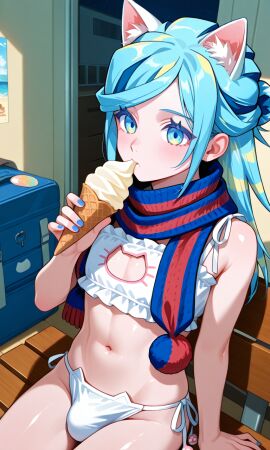 1boy ai_generated bench blue bra bulge cone cream cutout ear eyes feline femboy grusha_(pokemon) ice ko lingerie male nails no otoko outside painted panties penis scarf serve soft sunshine thighs view