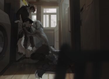 2024 ahoge anthro appliance athletic athletic_anthro athletic_male balls blush bottomwear bottomwear_down breath bulge canid canine canis clothed clothing delt.a domestic_dog duo erection felid fellatio fur genitals hair hand_on_head hi_res kneeling laundry laundry_room male male/male mammal mei_(monokurome) oral pantherine panting pants pants_down partially_clothed paws penile penis sex shaking snow_leopard tail topless washing_machine