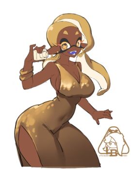 1girls artist_logo artist_name blonde_hair bracelet breasts cleavage dark-skinned_female dark_skin dress dress_slit earrings female frye_(frostyfest_2025) frye_(splatoon) gold_dress gold_hair hoop_earrings inkling inkling_girl large_breasts little_blood looking_at_viewer nintendo not_porn open_mouth pointy_ears sfw simple_background solo solo_female solo_focus splatfest splatoon splatoon_(series) splatoon_3 tentacle_hair white_background