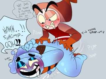 2boys cumshot cuntboy dandy's_world doggy_style drooling finn_(dandy's_world) gay gay_sex hands_behind_back hands_on_ass hands_tied_behind_back intersex male on_knees pounding rough_sex shrimpo_(dandy's_world) strap-on strapon yeetymcbeet