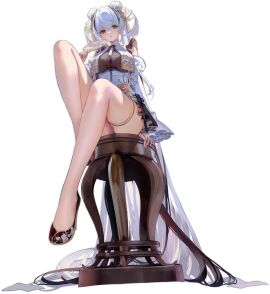 :o absurdly_long_hair azur_lane black_background black_footwear blue_eyes blue_hair breasts cg chinese_clothes double_bun dress elbing_(azur_lane) elbing_(beauty_beneath_the_spring_limelight)_(azur_lane) female full_body hair_bun hair_ornament hand_fan heterochromia high_heels holding holding_fan horns knee_up large_breasts legs long_hair looking_at_viewer multicolored_hair official_art parted_lips red_eyes simple_background sitting solo stool thigh_strap thighs very_long_hair white_dress white_hair