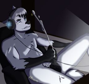 ahe_gao akumma anthro black_body black_fur blue_eyes bodily_fluids canid canine canis cross-eyed cum cumshot ejaculation electronics finnley_adolphos fur genital_fluids headphones hi_res leaning leaning_backward looking_at_porn looking_pleasured male male/male mammal masturbation orgasm orgasm_face pornography pubes raised_leg solo white_body white_fur white_pubes wolf