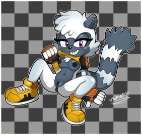 absurd_res anthro anus areola big_breasts black_areola black_clothing black_gloves black_handwear black_nipples black_nose black_vulva border bottomless breasts checkered checkered_background clothed clothing eyelashes female fingerless_gloves footwear fur genitals gloves grey_background grey_body grey_fur handwear head_tuft hi_res idw_publishing lemur looking_at_viewer mammal markings navel nipples pattern_background primate purple_eyes pussy raised_clothing raised_topwear sega shoes simple_background sitting smile solo sonic_(series) sonic_the_hedgehog_(comics) sonic_the_hedgehog_(idw) sonic_the_hedgehog_(series) spindasher98 spread_legs spreading strepsirrhine striped_markings striped_tail stripes tail tail_markings tangle_the_lemur topwear tuft vulva white_body white_border white_fur yellow_clothing yellow_footwear yellow_shoes yellow_topwear