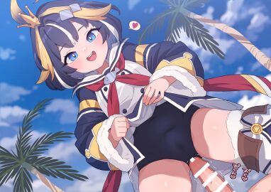 1boy :d ass_visible_through_thighs bar_censor black_hair blonde_hair blue_eyes blue_one-piece_swimsuit blue_sky blush bright_pupils buttons cameltoe censored clothes_lift cloud commentary_request covered_navel cowgirl_position crown day double-breasted dress dress_lift erection female from_below fur-trimmed_sleeves fur_trim grinding hair_ornament heart highres lifting_own_clothes long_sleeves looking_at_viewer male mini_crown monster_musume_td multicolored_hair neckerchief one-piece_swimsuit open_mouth outdoors paid_reward_available palm_tree penis periri_(musume_td) pussy red_neckerchief robo_mikan sailor_collar sailor_dress school_swimsuit short_hair sky smile solo_focus spoken_heart straddling straight streaked_hair swimsuit swimsuit_under_clothes teeth thighhighs tree trembling upper_teeth variant_set veins veiny_penis white_hair white_sailor_collar wide_sleeves