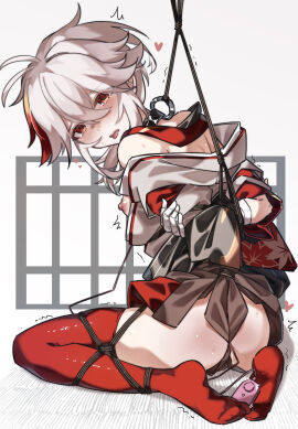ahoge arms_behind_back ass bare_shoulders bondage bound bound_arms bound_legs bound_wrists clothed collar crotch_rope cum cum_in_ass genshin_impact heart heart_symbol kaedehara_kazuha leaking_cum leash looking_at_viewer male male_only nipples pink_heart red_eyes red_hair red_socks rope rope_bondage ropes shibari_over_clothes socks sweat tears thigh_highs thighhighs thighs tied tied_arms tied_legs tied_up tongue tongue_out vibrator vibrator_in_ass white_hair yakipaimon