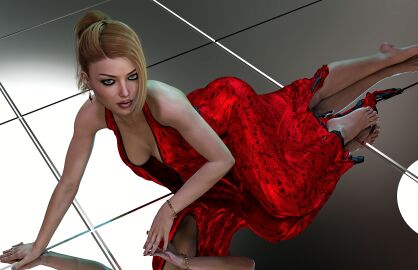1girls 3d darklord feet female laying_on_ground light-skinned_female light_skin looking_at_viewer posing private_vanessa_winters red_dress red_hair