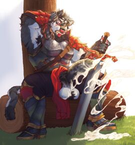 armor armpit_hair balls black_penis bodily_fluids body_hair canid canine cum digital_drawing_(artwork) digital_media_(artwork) ejaculation erection fur genital_fluids genitals glans grass hair male mammal masedumpy melee_weapon penis plant pubes sitting solo sword tail tongue tongue_out weapon