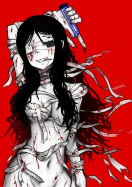 arm_up bandages black_eyes black_hair boxcutter breasts eyepatch female gore grin guro highres injury long_hair navel original red_background samael_(5211) samaero self-harm simple_background smile solo