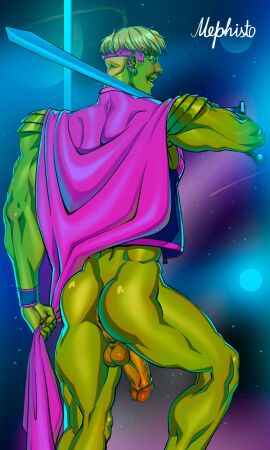 1boy alien anus artist_name ass asshole balls bara biceps big_penis blonde_hair cap ear_piercing earrings galaxy gay_male green_body green_skin half-dressed half-erect half_naked hulkling humanoid looking_back male male_only marvel marvel_comics mephisto_(artist) muscular muscular_male penis piercing smile smiling solo solo_male standing standing_position stars superhero superhero_costume sword teddy_altman yaoi young_avengers