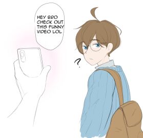 1boy blank_background blue_shirt brown_hair glasses human hypnosis male phone_screen sealguy
