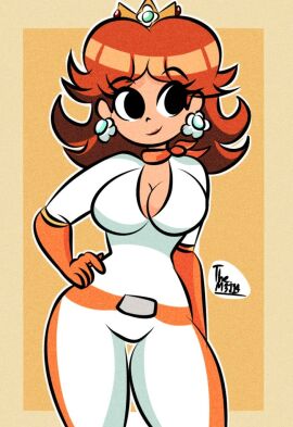 ass big_ass big_breasts big_butt big_thighs big_titties bodysuit breasts brown_hair cleavage clothing curvaceous curvaceous_female curvaceous_figure curvy curvy_figure curvy_hips diego_mejia female female_focus female_only jpeg mario_(series) mario_kart princess_daisy short_hair smile super_mario_bros.