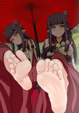 2girls barefoot feet feet_focus female foot_fetish foot_focus hinoa minoto nush_advance smiling_at_viewer soles toes wrinkled_feet