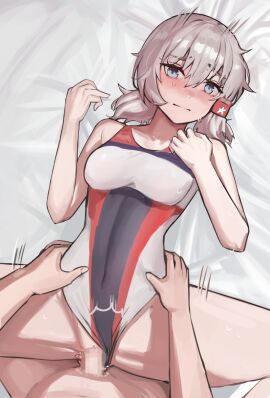 1boy azur_lane bed_sheet blue_eyes blush breasts censored closed_mouth clothed_sex clothing_aside commission competition_swimsuit denver_(azur_lane) female grey_hair hair_ornament looking_at_viewer male medium_breasts medium_hair missionary motion_lines multicolored_swimsuit one-piece_swimsuit paid_reward_available penis pussy sex skeb_commission solokitsune spread_legs straight swimsuit swimsuit_aside torso_grab vaginal_penetration