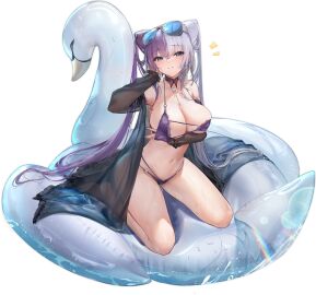 armpits azur_lane bare_shoulders bikini bird black_background black_choker black_jacket blue_eyes blush breasts cg choker cleavage collarbone cone_hair_bun detached_sleeves double_bun eyewear_on_head female full_body grey_hair hair_bun inflatable_toy innertube jacket jewelry kneeling large_breasts long_hair long_sleeves looking_at_viewer multicolored_hair nail_polish navel o-ring o-ring_bikini off_shoulder official_art open_clothes open_jacket parted_lips purple_bikini purple_hair see-through simple_background sitting skindentation smile solo stomach string_bikini sunglasses swimsuit thighs twintails two-tone_hair very_long_hair water wet white_hair ying_swei_(azur_lane) ying_swei_(blue_waves_limpid_summer)_(azur_lane)