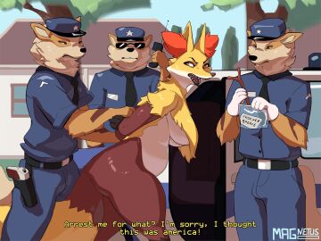 1girls 2024_pokemon_teraleak 3boys anthro ass big_ass big_breasts big_thighs breasts delphox dialogue evidence female fox fox_ears fox_girl fox_tail fur furry generation_6_pokemon handcuffed handcuffs huge_ass huge_breasts huge_thighs magnetus male nintendo pokemon pokemon_(species) police police_hat police_officer police_uniform sharp_teeth south_park_reference tagme text thick_hips thick_thighs thighs yellow_fur