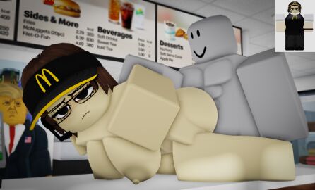 1boy 1girls 3d arms_behind_back arms_held_back ass big_ass big_breasts breasts cash_register cashier counter depressed doggy_style donald_j_trump donald_trump dummy_(roblox) fast_food fast_food_uniform female male mcdonald's moody ninjashyper2 nude public public_sex reference_image roblox roblox_avatar robloxian sad self_upload sex_on_counter tagme worker