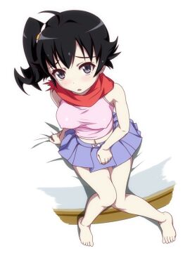 ahoge araragi_karen ascot bare_arms bare_legs bare_shoulders bare_thighs barefoot bed bed_sheet belly_button big_breasts black_eyes black_hair blush breasts embarrassed feet female hair_ornament knees_together_feet_apart monogatari_(series) nipples_visible_through_clothing ookanehira open_mouth ponytail side_ponytail sitting skirt sleeveless_shirt thighs toes