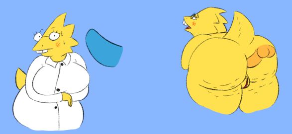 2017 alphys anal anal_sex anthro ass balls big_ass big_breasts big_butt black_eyes black_eyewear black_glasses blue_background breasts clothed clothing coat digital_media_(artwork) duo eyewear female female_penetrated genitals glasses half-closed_eyes labcoat lizard looking_pleasured male male/female male_penetrating male_penetrating_female narrowed_eyes penetration penile penile_penetration penis penis_in_ass pussy rear_view reptile roccorox scales scalie sex simple_background standing surprise surprised_expression tail teeth thick_thighs three-quarter_view tongue topwear undertale undertale_(series) white_clothing white_coat white_labcoat white_topwear yellow_body yellow_nose yellow_scales yellow_tail