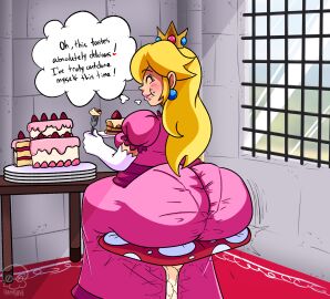 1girls 2d_(artwork) action_lines artist_signature ass ass_bigger_than_head ass_bigger_than_torso ass_focus background big_ass blonde_hair blush blush_lines blushing_female breasts cake cake_slice caked_up chair_breaking chubby chubby_female crown destruction dress eating female female_human female_only food fork hamb0ne huge_ass lipstick long_hair mario_(series) pantylines princess princess_peach sitting sitting_on_chair text text_bubble thought_bubble window