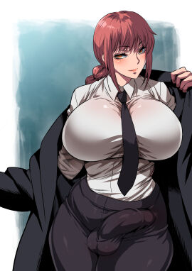 1futa alternate_version_available balls bangs big_breasts big_penis black_coat black_pants bottomwear braid breasts bulge bulge_through_clothing chainsaw_man clothed clothing coat erect_penis erection erection_under_clothes fully_clothed futa_only futanari hair huge_breasts human intersex large_breasts light-skinned_futa light_skin long_hair makima_(chainsaw_man) musashino_sekai necktie neckwear pants penis pink_hair red_hair shirt solo solo_futa standing thick_thighs topwear white_shirt wide_hips yellow_eyes