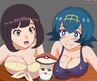 1boy 2girls alternate_breast_size big_breasts bikini blue_eyes blue_hair breasts female foongus glory_hole huge_breasts lana_(pokemon) large_breasts macabromac male multiple_females multiple_girls mushroom mushroom_penis nintendo nipples nipples_visible_through_clothing no_sclera penis pokemon pokemon_sm selene_(pokemon) short_black_hair short_blue_hair short_hair surprised swimsuit translucent_clothing trial_captain twitter_username watermark