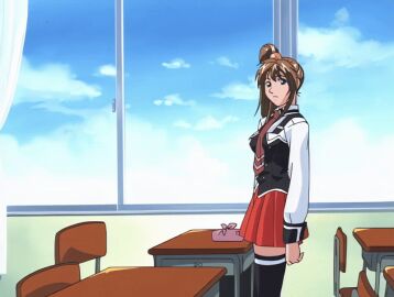 00s 1girls 2001 angry animated bible_black bible_black_night_of_the_walpulgiss breasts brown_hair classroom collared_shirt desk female green_eyes hair_ornament imari_kurumi indoors long_hair lunchbox microskirt multiple_girls necktie ponytail school_uniform shirt side_ponytail skirt smile tagme thighhighs white_shirt zettai_ryouiki